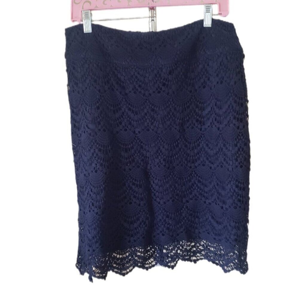 DownEast Navy Blue Crochet Lace Ruffle Mini Skirt